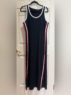 Tommy Hilfiger Navy Sleeveless Maxi Dress with Red and White Side Stripes